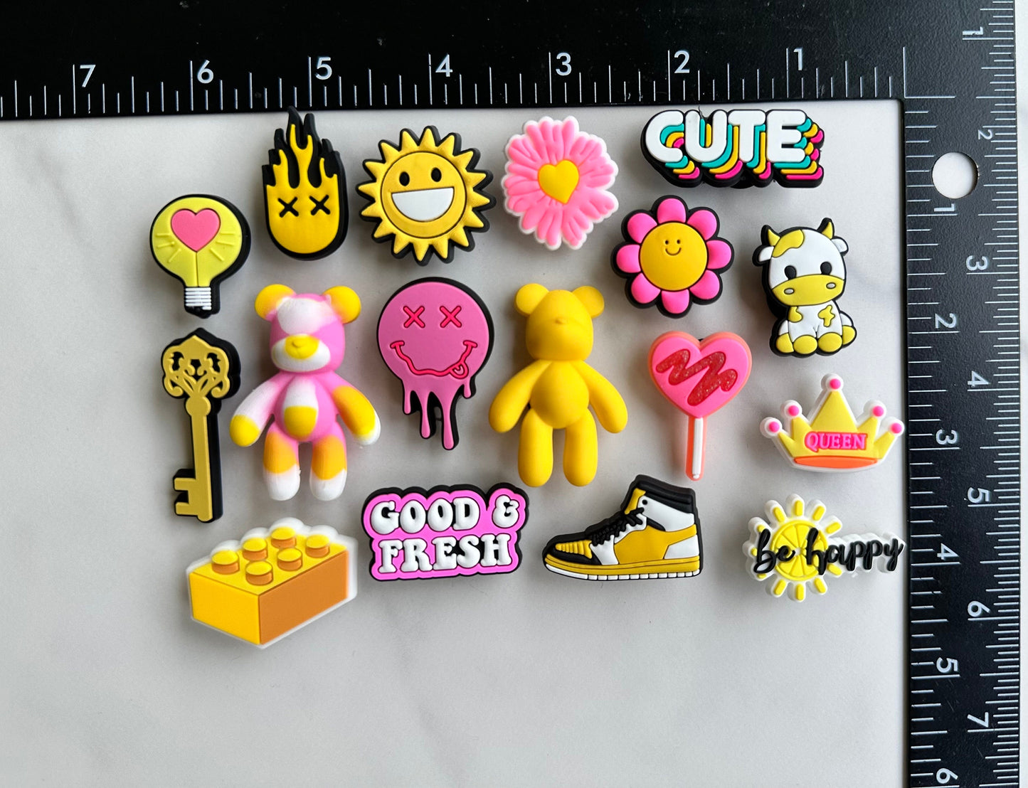 New trending Pink and yellow croc compatible shoe charms, clog charms, yellow sun charm, shoe decoration, plastic shoe charms for crocs