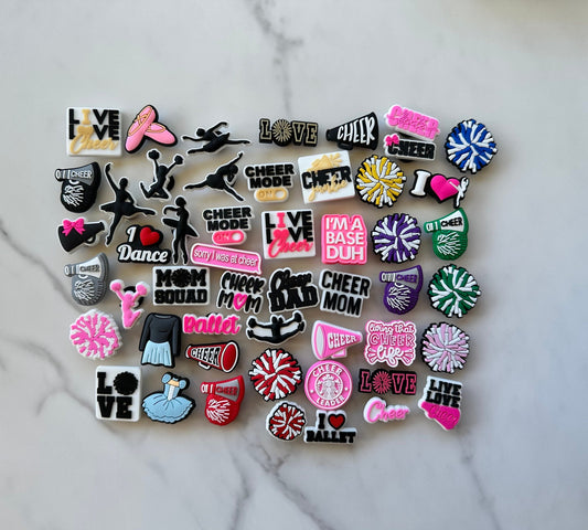 New trending cheer themed shoe charms for your crocs, cute popular cheerleader shoe charms, croc compatible pompom shoe charms