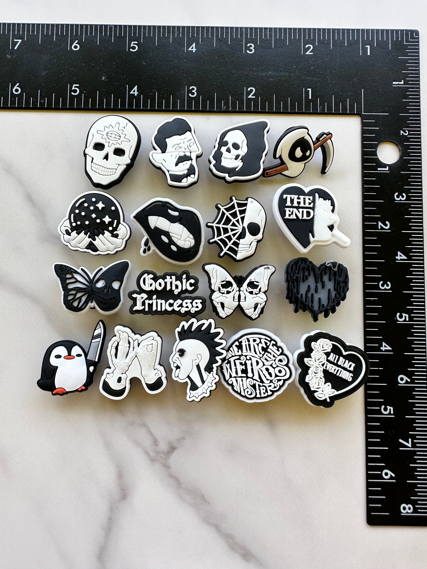 Black and white gothic croc compatible charms, GOTHIC PRINCESS charms for your crocs, skull charms,