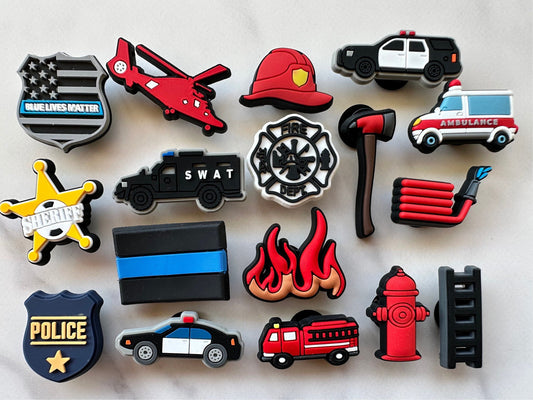 Police themed charms for your crocs, sheriff star charm for crocs, croc compatible firefighter themed shoe charms, police car charm