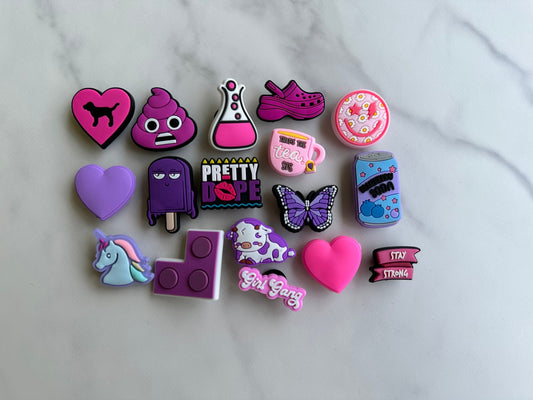 New trending Pink and purple croc compatible shoe charms, clog charms, pink heart charm, shoe decoration, plastic shoe charms for crocs