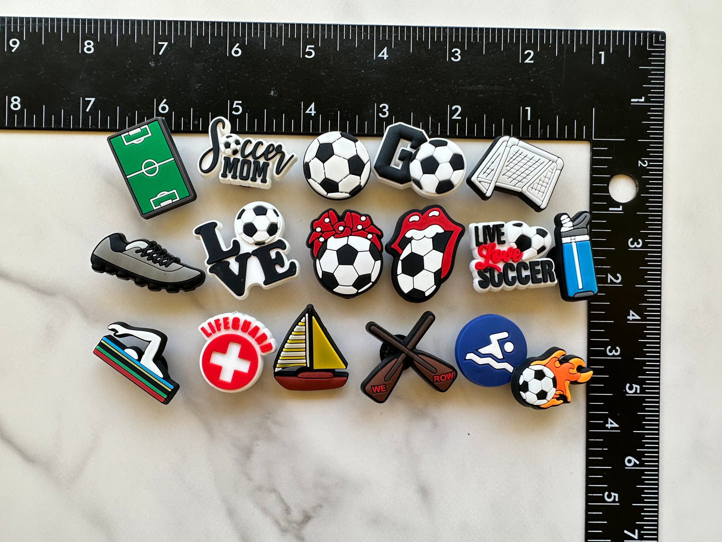 Soccer themed shoe charms for your crocs, trending soccer charm, Croc compatible water sports themed charms, sailboat shoe charm, row charms