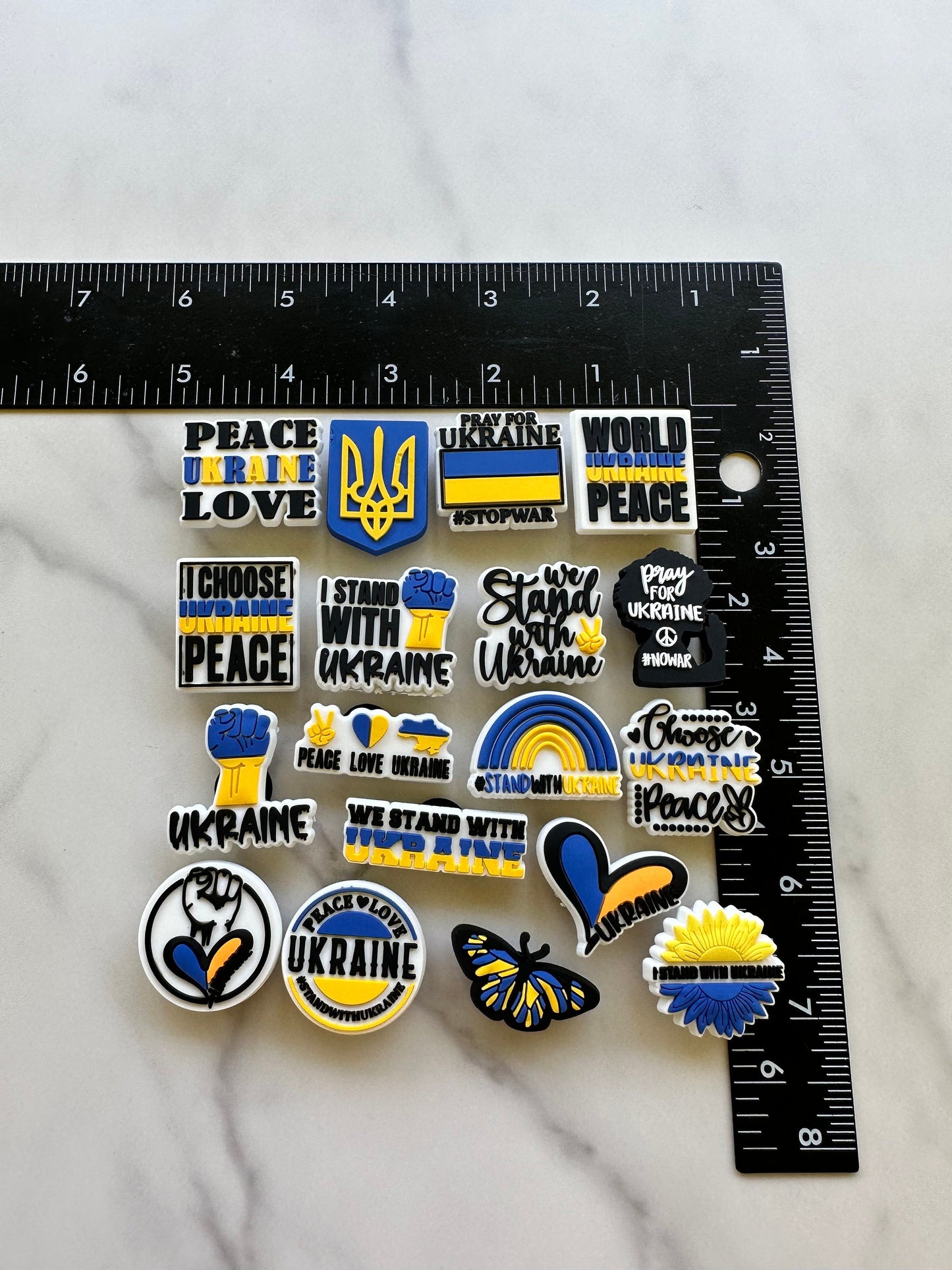 New popular world peace for Ukraine charms for your crocs, trending support for Ukraine croc compatible shoe charms, blue and yellow Ukraine