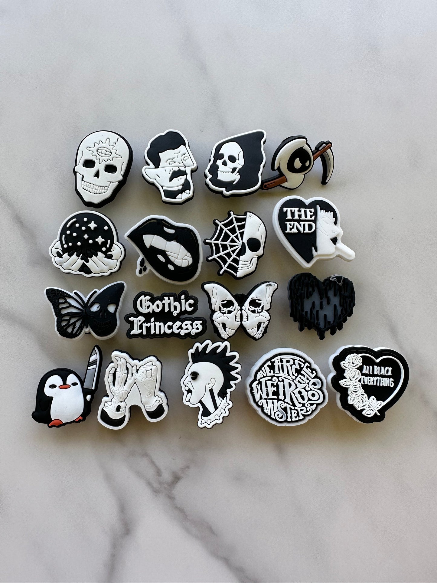 Black and white gothic croc compatible charms, GOTHIC PRINCESS charms for your crocs, skull charms,