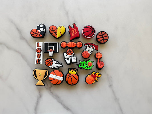 New charms for crocs, basketball themed shoe charms, basketball lover charms for crocs, unisex basketball clog charms, basketball hoop