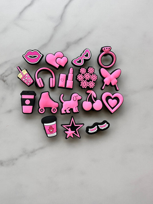 hot pink and black charms for your crocs, croc compatible black and pink shoe charms, trending shoe charms, butterfly, fist