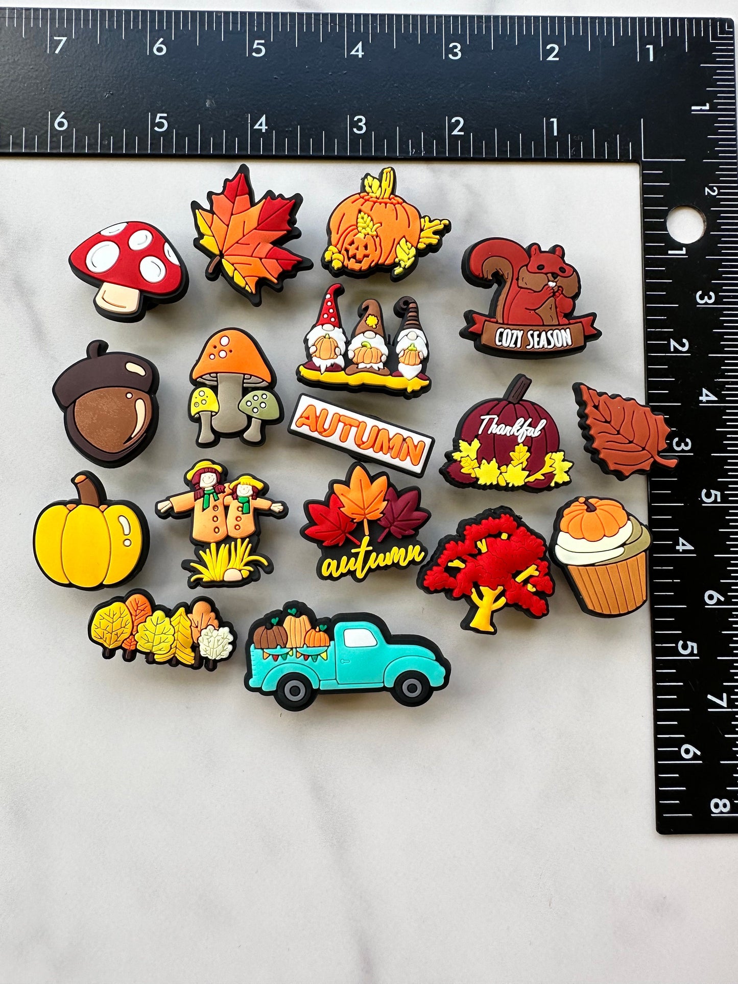 New trending fall shoe charms for your crocs, popular autumn croc compatible clog charms, fall colored shoe charms, sweater weather charms