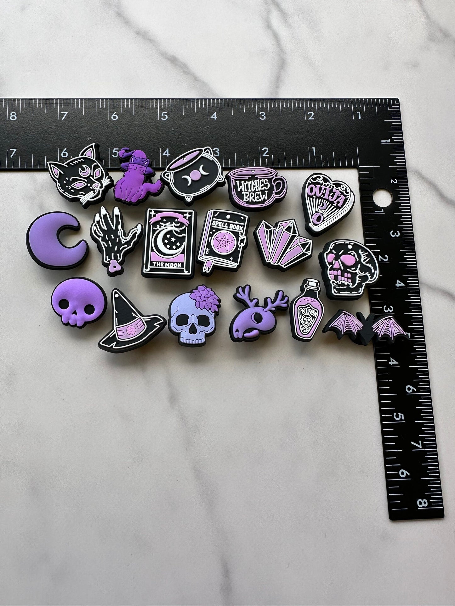 witch themed croc compatible shoe charms, trending magic clog charms, cute witch charms for crocs, moon water charms, moon charms, gems