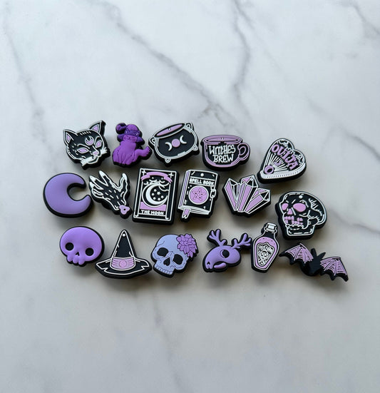 witch themed croc compatible shoe charms, trending magic clog charms, cute witch charms for crocs, moon water charms, moon charms, gems