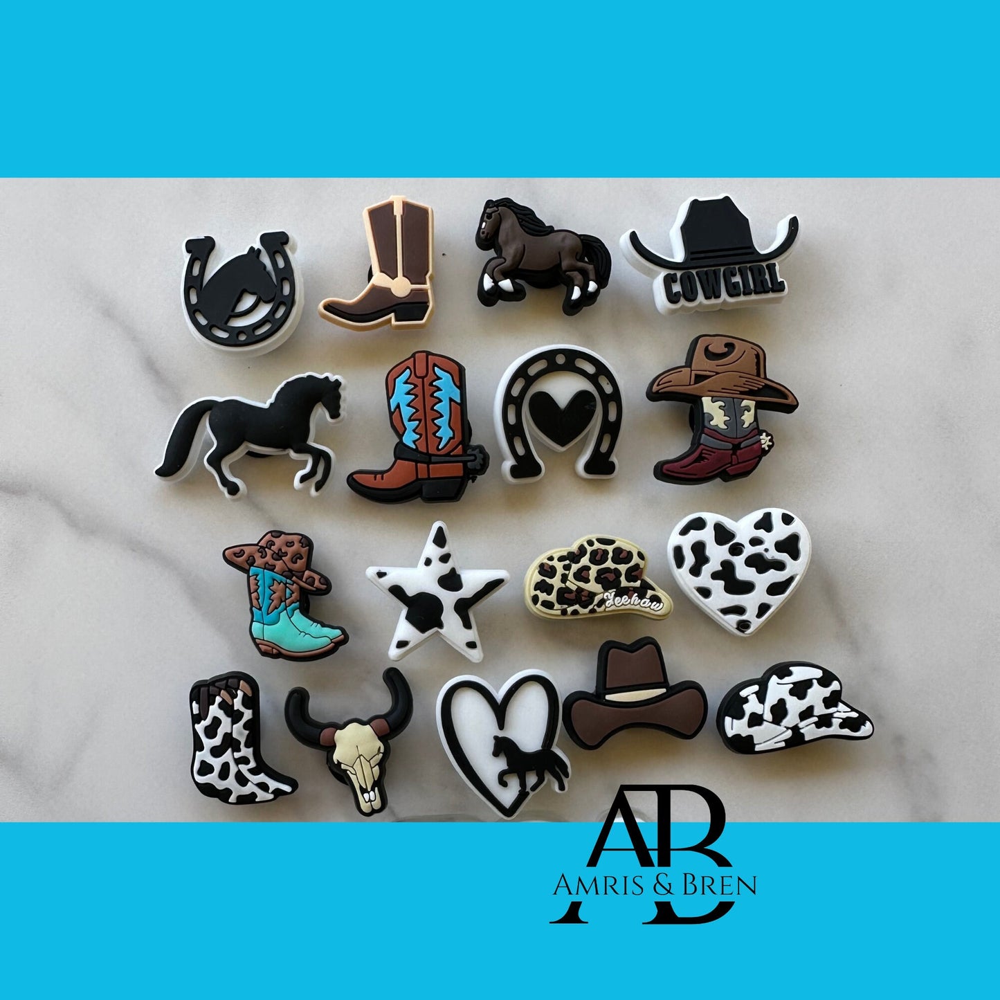 new western croc compatible charms, cowgirl shoe charms for crocs, cowboy hat charms, boots and hat shoe charms for Crocs, horse charms