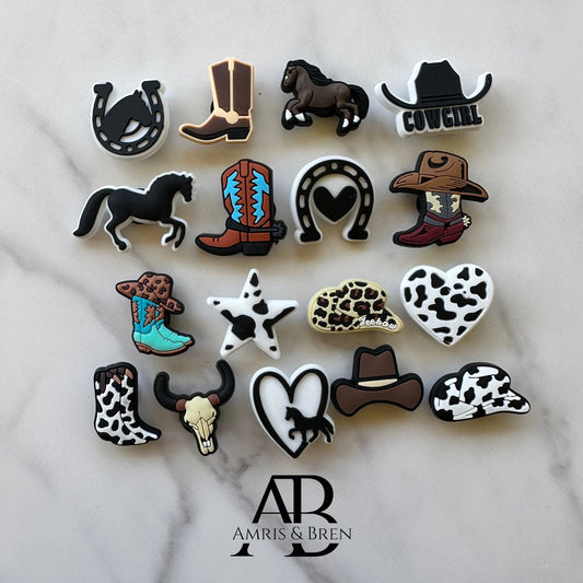 new western croc compatible charms, cowgirl shoe charms for crocs, cowboy hat charms, boots and hat shoe charms for Crocs, horse charms