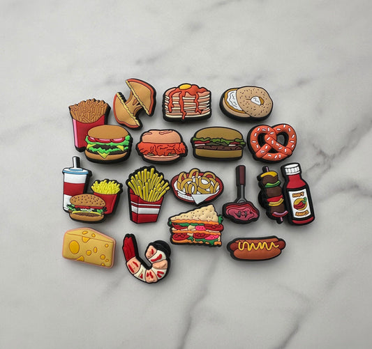 New trending food charms for your crocs, croc compatible fried food, american food clog charms, grilled cheese, onion rings