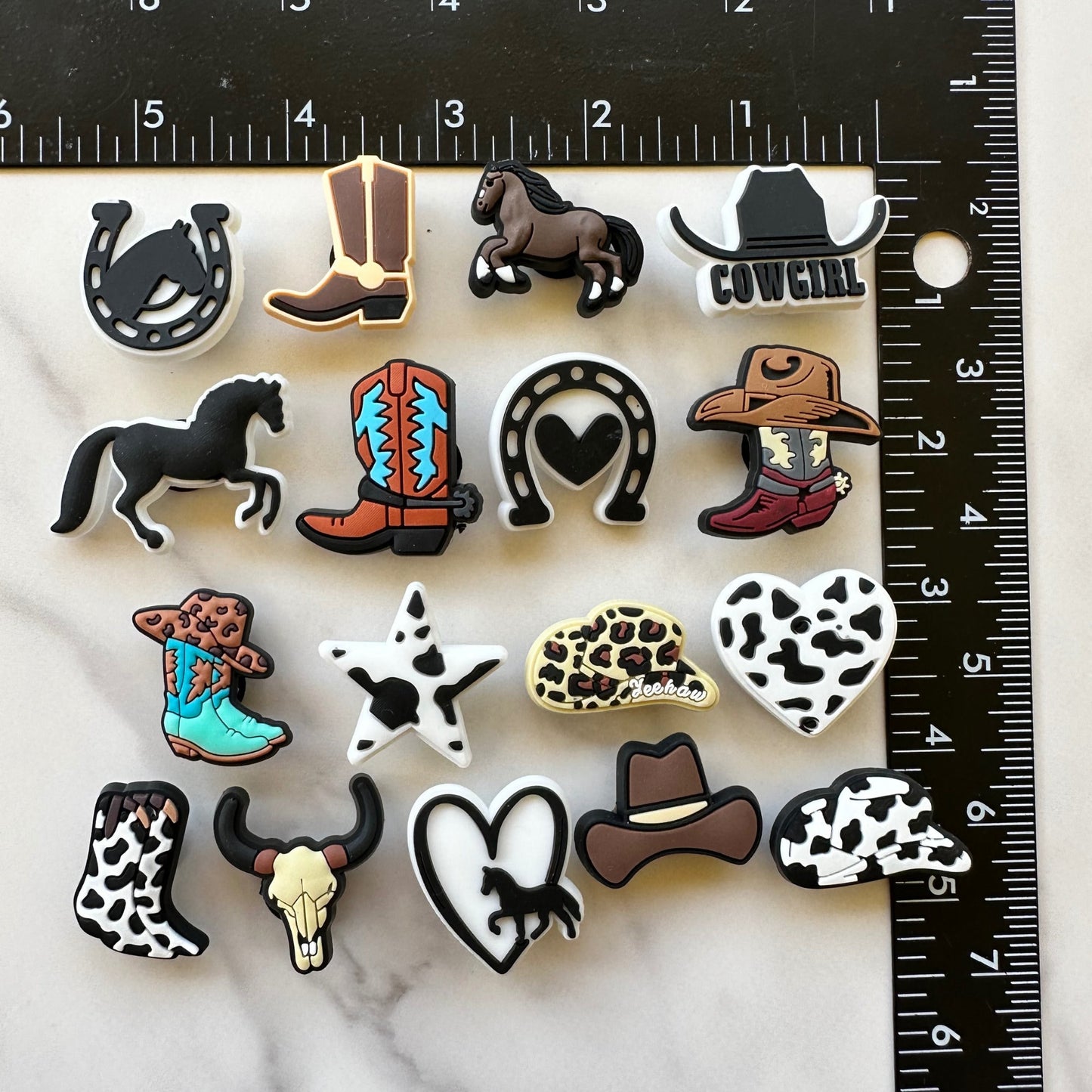 new western croc compatible charms, cowgirl shoe charms for crocs, cowboy hat charms, boots and hat shoe charms for Crocs, horse charms