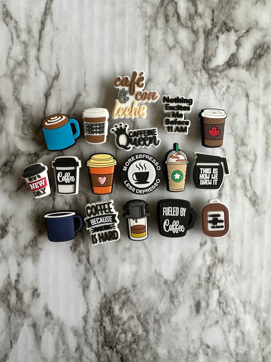 New coffee lover shoe charms for your crocs, croc compatible caffeine queen shoe charm, coffee cup charm, fueled by coffee, more espresso